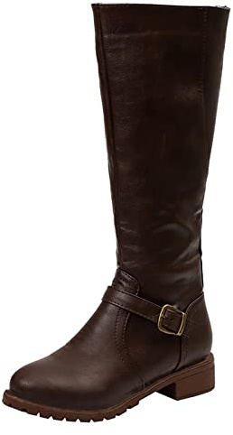 Bottes hautes Louchy pour femme - Bottes plates à mollet large - Chaussures d'hiver à talon bas - Bottes longues à enfiler avec fermeture extra large au mollet et fermeture éclair latérale, marron, 38