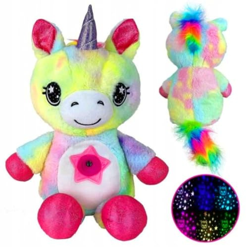 Licorne en peluche avec projecteur d'étoiles LED et mélodies - Masque de sommeil lumineux pour enfants, veilleuse avec berceuses, peluche apaisante 3 en 1, 25 cm