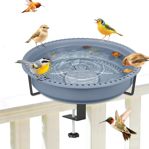 YOADEHOA Bird Baths for Outdoors, Rustproof Metal Clamp Birdbaths & Birdfeeder with Detachable Plastic Basin, Outdoor Bird Feeding & Watering Station for Wild Birds Garden Patio Balcony (Grey)
