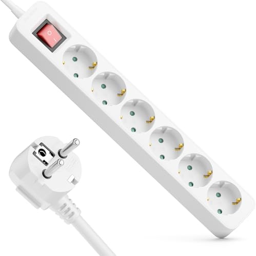 deleyCON Multipresa 6 Vie con Interruttore ON/OFF Illuminato - Cavo 1,4m - 6x Prese con Terra Presa Multipla Distribuzione Estensione Barra Alimentazione Casa Ufficio 3680W 16A - Bianco