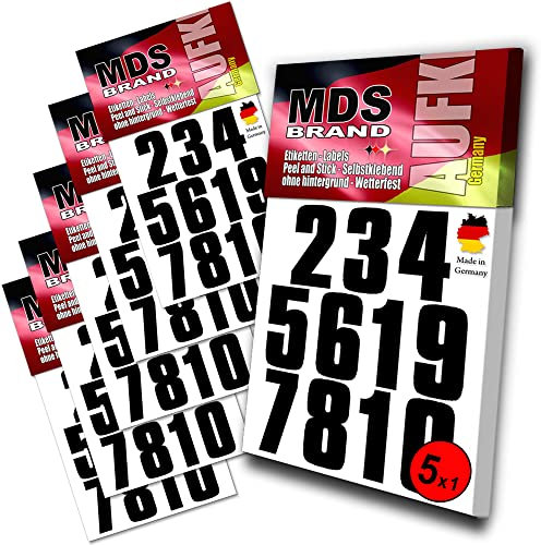 MDS Brand 5cm Zahlen Aufkleber Schwarz | Selbstklebende Klebezahlen | Vinyl Hausnummern zum Aufkleben für Briefkasten, Mülltonnen, Hausnummer für Außen & Innen Schwarz (5xpk)