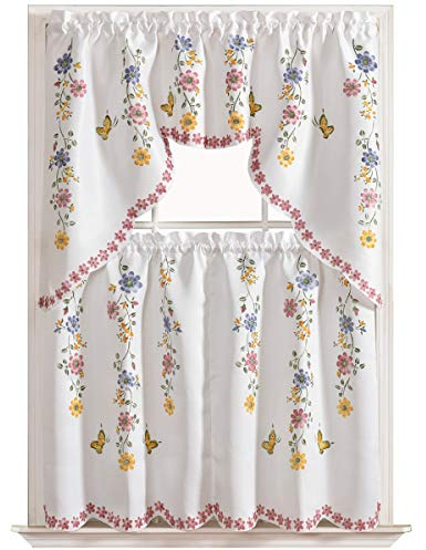 GOHD 3pcs Farmhouse Kitchen Cafe Curtain Set Air Brushed by Hand of Flowers and Butterfly Design on Thick Satin Fabric (Daisy Swing)