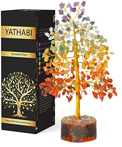 YATHABI Árbol de Siete Chakras, Piedras Preciosas Naturales curativas, Feng Shui, Dinero, bonsái, decoración del hogar, Prosperidad, Limpieza para Riqueza y Suerte, Alambre Dorado, tamaño 10 Pulgadas