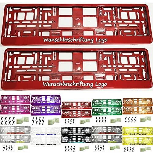 2 Stück Kennzeichenhalter mit Wunschtext Beschriftung Werbung Bedruckt. KOSTELOSE Lieferung (Rot Chrom)
