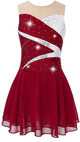 Alvivi Abito da Pattinaggio Artistico Bambina Paillettes Chiffon Vestito Danza Classica Body da Ballo Abito da Ballo Latino Ballerina Jazz Danza Moderna Performance Rosso 12 Anni