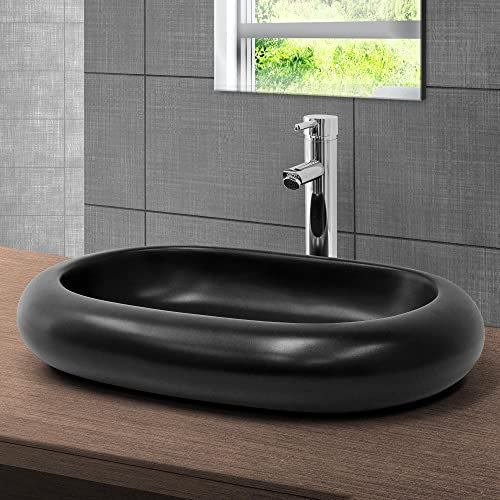 ML-Design Waschbecken Keramik Schwarz Matt 65x45x11 cm, Kieselstein Form, Ovale Aufsatzwaschbecken, Moderne Waschtisch, Waschschale mit Abflussloch, Waschplatz Handwaschbecken, für Badezimmer/Gäste-WC