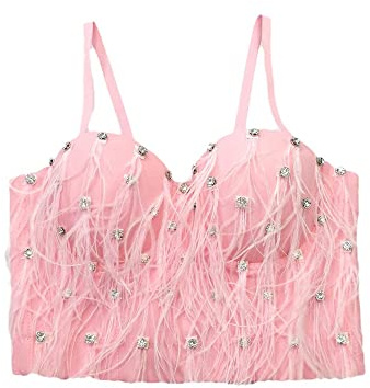 Tops De Mujer Con Corsé Recortado Sexy - Elegante Dulce Rosa Pluma Borlas Rhinestone Brillo Fiesta Club Nocturno Bralette Camisola, Blusa De Ropa Interior Femenina Con Top Corto Y Hombros Descubiert