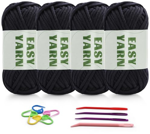 4 X 50g Häkelgarn Wolle zum Häkeln Chenille Wolles Zum Häkeln Chenille Dicke Wolle Zum Häkelns gut Sichtbare Maschen, Dickes Baumwoll-Nylon-Schwarzes mit Häkelzubehör