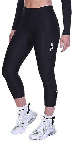Damen 3/4 Gepolsterte Radleggings mit hoher Taille, atmungsaktive Fahrradshorts mit Taschen, rutschfest und schnelltrocknend - Schwarz, M