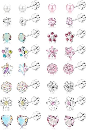 Diamday 16 par skruv tillbaka örhängen set allergivänliga för kvinnor flickor kirurgiskt stål små CZ pärla boll hjärta blomma skruvback knoppörhängen flerfärgade söta små broskörhängen 20 g