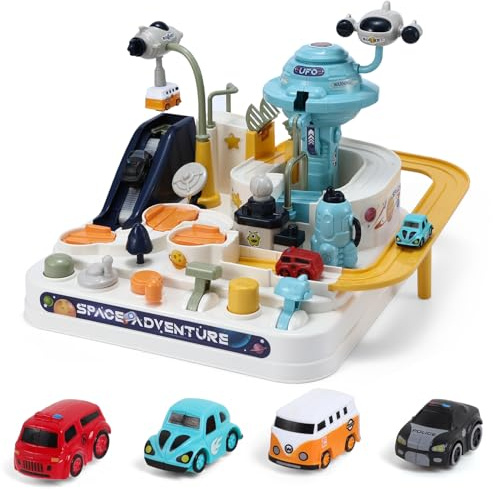 Auniq Pista Macchinine Giochi Bambini, Set di Giocattoli per Pista da Corsa con 4 auto Giocattolo Avventura Automobile per Bambini Giocattolo Educativo Montessori Regalo per bambini dai 3 agli 8 anni