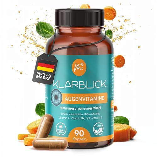 Klarblick Augenvitamine hochdosiert (90stk.) Vegan, Glutenfrei & ohne Zusatzstoffe | mit Lutein,Zeaxanthin,Beta-Carotin,Zink,Vitamin A, B2,&E | Premium Augenkapseln (Für 3 Monate - 100% natürlich)