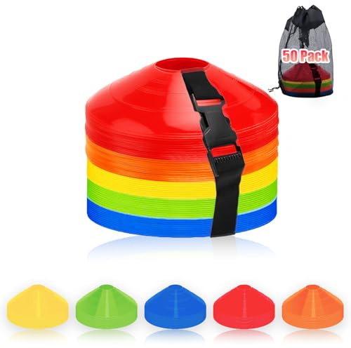 Ashsajkd Agility Soccer Cones(Set of 50)- Sports Soccer Cones with Carry Bag & Strap,Disc Sports Cone Equipment Used for Football, Basketball,Coaching-Agility Sports Cones for Indoor & Outdoor Games