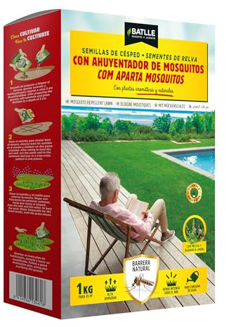Semillas de Césped con Ahuyentador de Mosquitos BATLLE – Caja Dispensadora Troquelada 1 kg – Mezcla con Plantas Aromáticas Naturales – Efecto Repelente 100% Natural