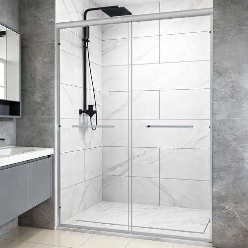 Shower Door Double Sliding Glass Shower Door 56-60 in W. x 72 in. H, 1/4 inch Clear SGCC Tempered Glass Sliding Doors, Bathroom Shower Glass Doors with Explosion-Proof Film, Brushed Nickel