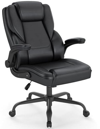 ZZH Executive Bürodrehstuhl, Ergonomischer Hochlehner mit PU-Leder Bezug, Chefsessel mit hochklappbaren Armlehnen, Lendenwirbelstütze, höhenverstellbar & Schwenkfunktion, Schwarz