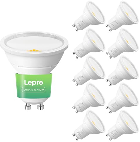 Lepro GU10 LED Bulbs, Neutral White 4000K, A Energy Class, 590LM, 3.3W (50W Equivalent), 100° Wide Beam Angle, 50000H Long Life, Energy Saving LED Spotlight Bulb, Non-Dimmable, Pack of 10