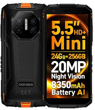 DOOGEE Mini Teléfono Resistente Fire 3 Ultra, 24GB+256GB, 20MP Visión Nocturna Cámara, 5,5 HD+, Cuerpo Compacto+Agarre Fácil, Batería 8350mAh, IA Gemini, Smartphone Antigolpes IP68, NFC GPS Naranja