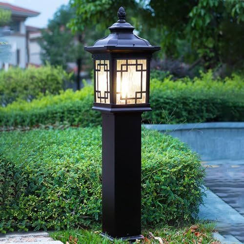 MYUYEE Luminaria de paisajismo Vintage bolardo Exterior Negro iluminación Moderna para Caminos de paisajismo lámpara de jardín de Vidrio Ondulado lámpara de césped,80 cm