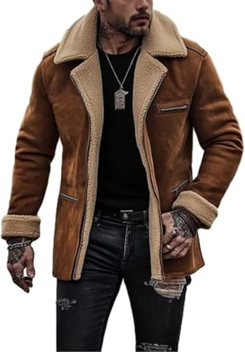 HiFacon Manteau western en daim et peau de mouton pour homme, Marron - Cuir suédé, L