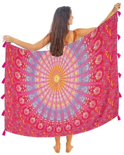 Pareo Strandhandduk bomull stor strand sarong damer blocktryck naturligt färgämne omlottduk omlottkjol strandkjol gobeläng omlottduk bikini täcka över baddräkter, Block 4, En Storlek