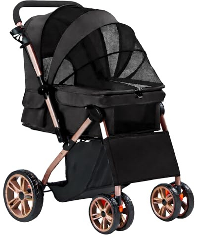Foldable Pet Stroller, Cat Dog Buggy for Small Medium Dogs with Storage Basket Cup Holder, Mesh Windows 360° Rotating EVA Wheels with Brakes Dog Pushchair Folding Pram for Cats and Puppies (Black)