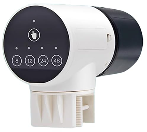 Distributore automatico di cibo per pesci, 15 x 11 x 11 cm, serbatoio, grande capacità, per le vacanze, pellet di polvere, controllo del timer, uscita regolabile, schermo digitale, timer