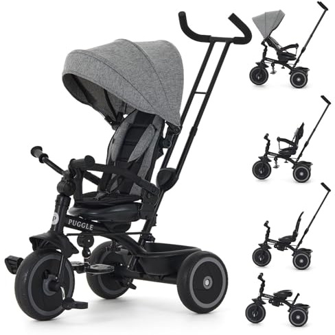 Puggle Easy Twist 6-in-1 Folding Trike with Parent Handle - Melange Grey (9 Months - 5 Years)