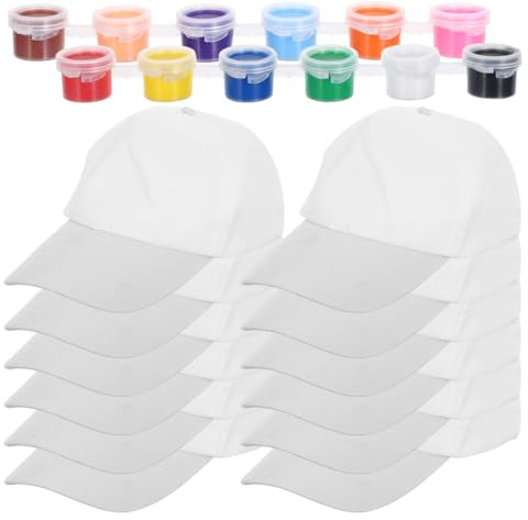 Housoutil 12Pack Kids White Baseball Caps with 3ml of 12-Color Paint Set