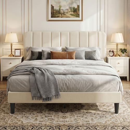 VECELO Upholstered Double Bed Frame with Velvet Headboard, 135 × 190 cm Platform Bed with Wooden Slats Support, Noise Free, No Box Spring Needed, Easy Assembly, Beige