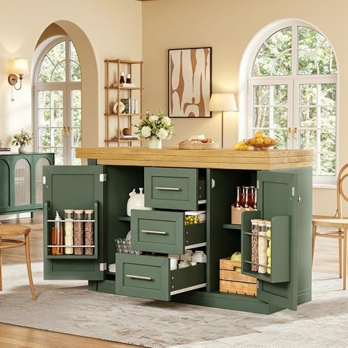 Merax Extendable Sideboard Kitchen Island Table 120–180cm Storage 3 Drawers | Extendable kitchen island table 120–180cm sideboard with 3 drawers, snack racks, farmhouse storage cabinet for small kitchens