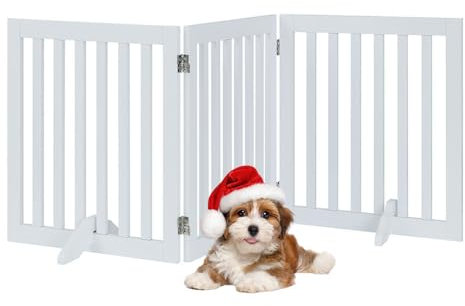 unipaws Freistehendes Absperrgitter Hund, Treppenschutzgitter ohne Bohren, Holz Kindergitter Klappbar，Türgitter Hunde Kaminschutzgitter mit Füßen, weiß (3 Elemente, 61 cm Hoch)