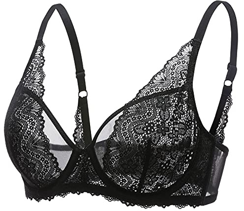 DOBREVA Femme Soutien Gorge Minimiseur Forte Poitrine Transparent avec Armature Dentelle Bralette Noir 105B