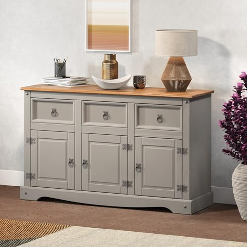 Corona Sideboard Grey Painted Wax 3 Door 3 Drawer Solid Wood Pine Wooden Dresser Cupboard Cabinet Unit Living Room Lounge Hallway Dining Room Kitchen Mexican Style 76cm High 125cm Wide 40cm Deep