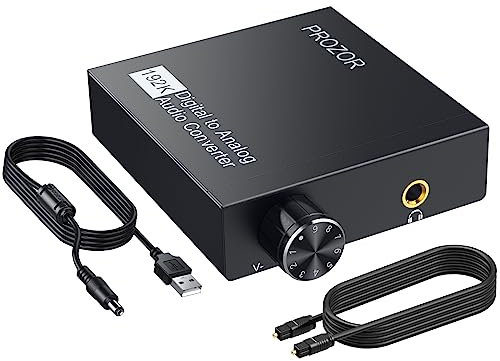 PROZOR Optisch auf Analog VOL+- DA Wandler Toslink auf Klinke Digital Audio Adapter mit magnetischem Ring Netzkabel, Optisches Audiokabel Lautstärkeregler Optical auf Aux 3,5mm für TV Blu-Ray HD DVD