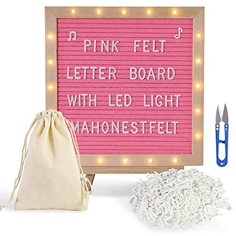 Pink Felt Letter Board with Stand, Built-in LED Lights With Tripod Stand and Wall Mount Hanger for Party Home Decor(10x10),Menu Board, 340 Letters for Custom Sign Messages, Party Planning (Pink)