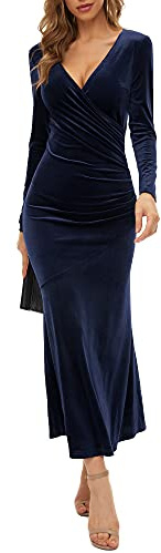 Women's V Neck Wrap Long Sleeve Elegant Mermaid Velvet Cocktail Maxi Dress Evening Party, Navy, Small