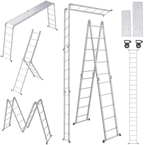 UISEBRT Escalera Multiusos 4x5 de Aluminio con Plataforma 6 en 1, Escalera multifunción de 550 cm, Escalera articulada Plegable, Escalera combinada, Escalera Multiusos hasta 150 kg, Plateado