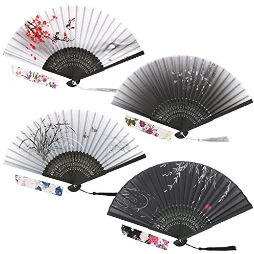 4pz Ventagli Pieghevole da Donna Cinese Bambù Ventilatori a Mano Giapponese Nero Fiori con Nappa Regalo Matrimonio Nozze Ospiti Decorazione per Parete