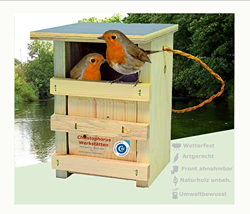 Christophorus-Werkstätten Nistkasten für Nischenbrüter wie Bachstelze aus Kiefernholz | Artspezifisch und nach NABU-Vorgabe gefertigt Wasserfeste Abdeckung Nisthilfe Vogelhaus Made in Germany, braun