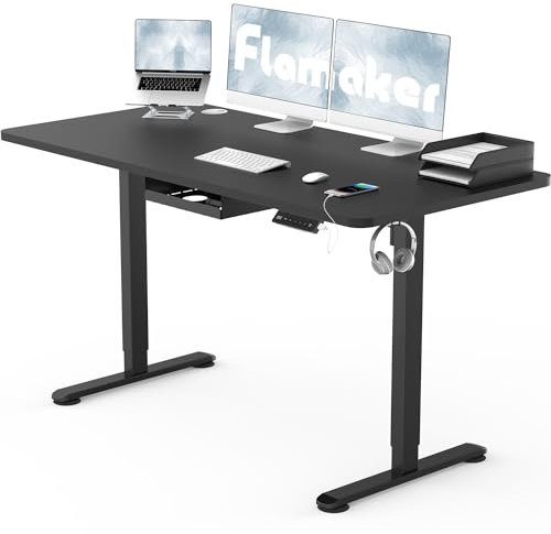 Flamaker Höhenverstellbarer Schreibtisch Ganze Tischplatte 120 x 60 cm Schreibtisch Höhenverstellbar Elektrisch mit Memory-Steuerung und Häkchen und 360° Rollen (Schwarz)