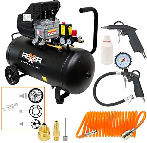 Rexxer Druckluft Kompressor 24L Tank | Flüsterkompressor | Druckluftkompressor (1470 Watt, max 8 bar, 156 l/min Ansaugleistung, Motordrehzahl 2800 U/min) | inkl. 6-tlg. Zubehörset KFZ