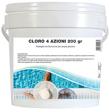 Virsus 10Kg Cloro 4 azioni a Pastiglie per acque piscina 5B10, 50 Pastiglie da 200 gr, a lenta dissoluzione per la disinfezione dell’acqua, Clorante, Alghicida, Stabilizzante del pH, Flocculante