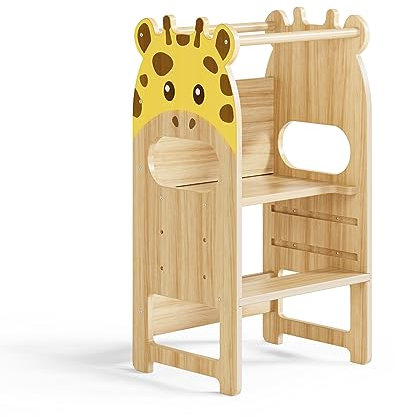 Kotsy Lernturm für Kinder, 3-Fach höhenverstellbar Giraffe Küchenhelfer für Kleinkinder, Kinderküchen-Tritthocker für Küchentheke, Esstisch und Küchenhelferständer im Badezimmer