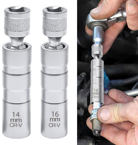 Carreuty 2 Stück Zündkerzenschlüssel 14mm 16mm, Universal Magnet Drehbarer Zündkerzenschlüssel 3/8 Zoll Flexibel Steckdose Demontagewerkzeug mit Haltefeder für Autoreparatur