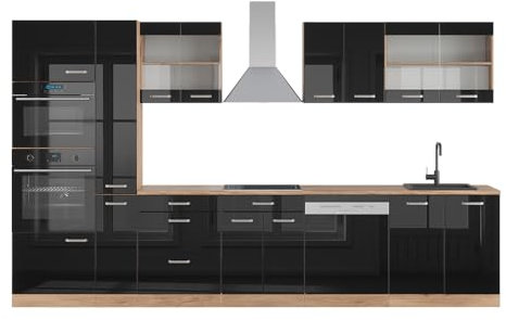 Vicco Küchenzeile R-Line, Schwarz Hochglanz/Goldkraft Eiche, 350 cm mit Hochschrank, ohne Arbeitsplatte