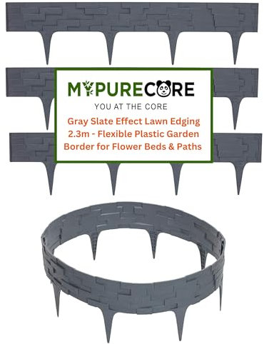 MYPURECORE Grey Stone Effect Lawn Edging 2.3m - Flexible Plastic Garden Border for Flower Beds & Paths | Weather-Resistant & Recyclable Palisade | Easy Install Edging for Grass, Gravel & Landscape