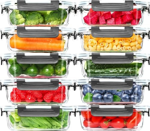 Skroam Glass Storage Containers - 10 Pack Airtight Food Container Set with Lids for Kitchen, Lunch, Meal Prep, Bento Boxes - 22 OZ