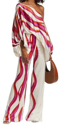 Conjunto de 2 piezas para mujer, casual, con hombros descubiertos, pantalones largos, traje de viaje de primavera 2023, trajes holgados con estampado, Rosa Roja, XXL