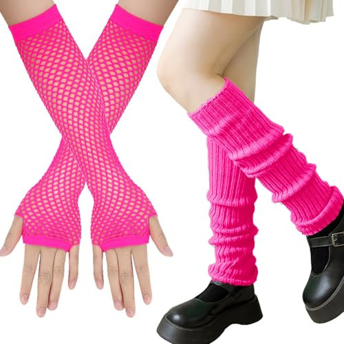 XIEXIESHER Neon Beinstulpen mit Neon Fingerlose Netzhandschuhe, Neon Stulpen, Leg Warmers, 80er 90er Jahre Kostüm Zubehör, Cosplay Kostüm Zubehör Disco Party Halloween Karneval Zubehör(Neonpink)